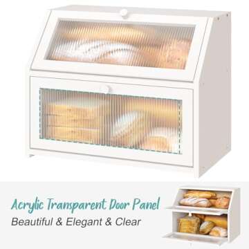Vriccc White Bread Box for Kitchen Counter, Large Bamboo Wood Double Layer Bread Box, Wooden Bread Storage Capacity
