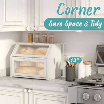 Vriccc White Bread Box for Kitchen Counter, Large Bamboo Wood Double Layer Bread Box, Wooden Bread Storage Capacity