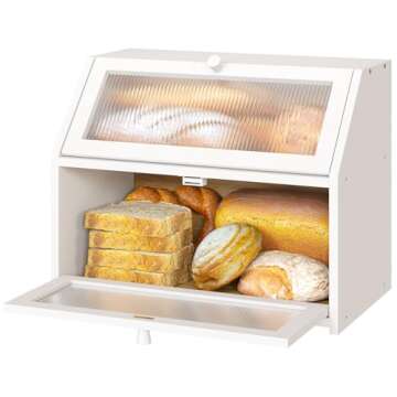 Vriccc White Bread Box for Kitchen Counter, Large Bamboo Wood Double Layer Bread Box, Wooden Bread Storage Capacity