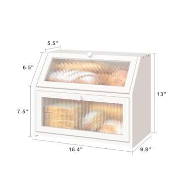 Vriccc White Bread Box for Kitchen Counter, Large Bamboo Wood Double Layer Bread Box, Wooden Bread Storage Capacity