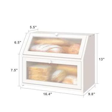 Vriccc White Bread Box for Kitchen Counter, Large Bamboo Wood Double Layer Bread Box, Wooden Bread Storage Capacity