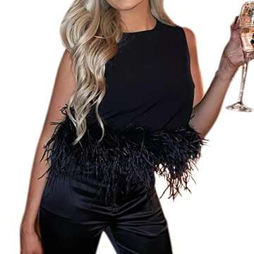Women Y2K Feather Crop Tank Top Sleeveless Faux Fur Trim Rave Camisole Shirt Blouse Tops for Festival Club Party Black