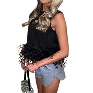 Women Y2K Feather Crop Tank Top Sleeveless Faux Fur Trim Rave Camisole Shirt Blouse Tops for Festival Club Party Black
