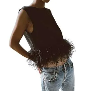 Women Y2K Feather Crop Tank Top Sleeveless Faux Fur Trim Rave Camisole Shirt Blouse Tops for Festival Club Party Black