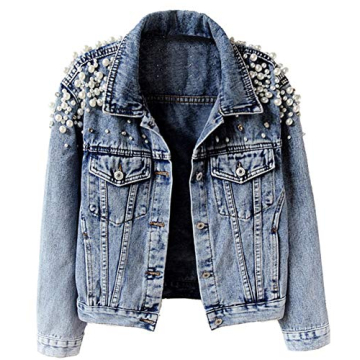 Kedera Women's Jean Jacket with Custom Pearl Beading and Pockets
