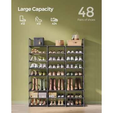 SONGMICS Large Shoe Rack, 8-Tier Shoe Organizer, Shoe Storage Holds up to 48 Pairs, Stackable, Large Capacity, Steel Tubes and Non-Woven Fabric, for Entryway, Closet, Garage, Ink Black ULSA319B01