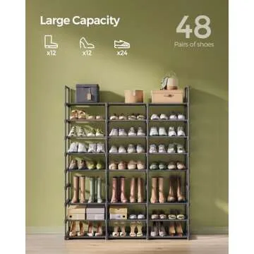 SONGMICS Large Shoe Rack, 8-Tier Shoe Organizer, Shoe Storage Holds up to 48 Pairs, Stackable, Large Capacity, Steel Tubes and Non-Woven Fabric, for Entryway, Closet, Garage, Ink Black ULSA319B01