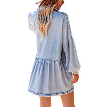 loveimgs Women's Oversized Distressed Denim Button Down Tunic Shirt Dress with Pockets (Medium,Light...