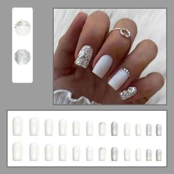 Glitter Press-On Square Nails with Rhinestones