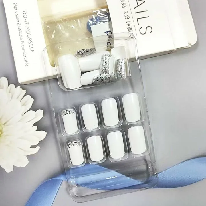 Glitter Press-On Square Nails with Rhinestones