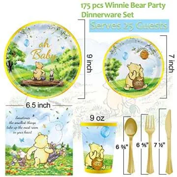 175pcs Vintage Winnie Bear Baby Shower Pooh Decorations Birthday Party Supplies Tableware Set (25 Gu...