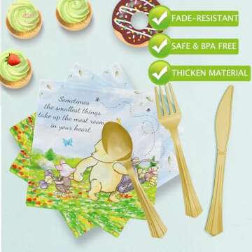 175pcs Vintage Winnie Bear Baby Shower Pooh Decorations Birthday Party Supplies Tableware Set (25 Guest)With Paper Plates Cups Napkins Cutlery for Boy Girl Newborn Birthday Party Dinnerware Decoration