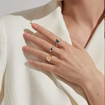 FIBO STEEL 9 Pcs Fidget Anxiety Rings for Women Men Spinner Rings for Anxiety Relieving Stress Open CZ Flower Moon Star Anti Rotatable Rings Adjustable