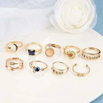 FIBO STEEL 9 Pcs Fidget Anxiety Rings for Women Men Spinner Rings for Anxiety Relieving Stress Open CZ Flower Moon Star Anti Rotatable Rings Adjustable