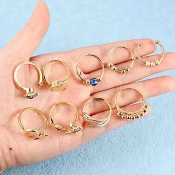 FIBO STEEL 9 Pcs Fidget Anxiety Rings for Women Men Spinner Rings for Anxiety Relieving Stress Open CZ Flower Moon Star Anti Rotatable Rings Adjustable
