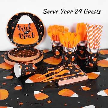 durony 193 Pieces Halloween Candy Corn Party Supplies Tableware Set Halloween Trick or Treat Plates and Candy Corn Tablecloth Napkins Cups Plastic Knives Forks Spoons for Halloween Party, Serve 24