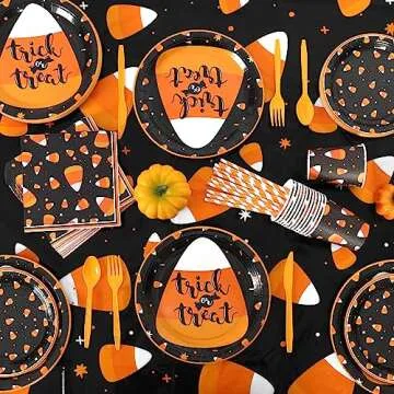 durony 193 Pieces Halloween Candy Corn Party Supplies Tableware Set Halloween Trick or Treat Plates and Candy Corn Tablecloth Napkins Cups Plastic Knives Forks Spoons for Halloween Party, Serve 24