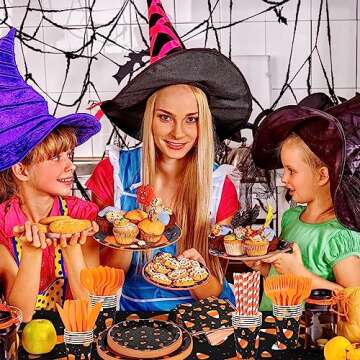 durony 193 Pieces Halloween Candy Corn Party Supplies Tableware Set Halloween Trick or Treat Plates and Candy Corn Tablecloth Napkins Cups Plastic Knives Forks Spoons for Halloween Party, Serve 24