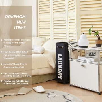 DOKEHOM 25-Inches Slim Laundry Basket on Wheels, Collapsible Rolling Laundry Hamper, Foldable Narrow...