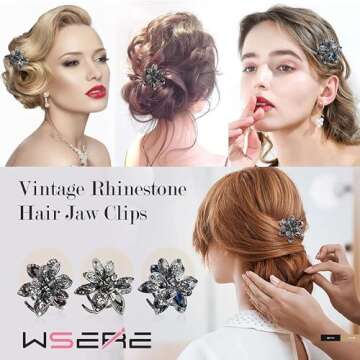 WSERE Set of 3 Mini Hair Jaw Clips Vintage Metal Rhinestone Claw Hair Clips for Women Girls, Non Slip Exquisite Claw Clip, Easy to Match - Good Tension - Not Easily Deformed