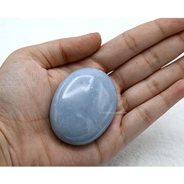 Angelite Crystals and Healing Stones - Large Palm Stone Crystals Piedra - Crystal for Good Luck, Balanced Positive Energy, Meditation - Unique Stocking Stuffers and Birthday Gifts for Women, Men