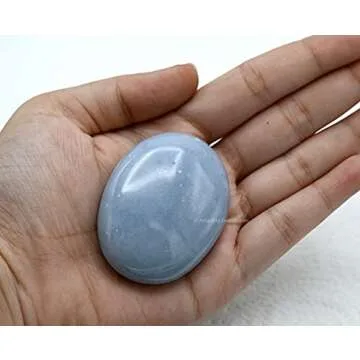 Angelite Crystals and Healing Stones - Large Palm Stone Crystals Piedra - Crystal for Good Luck, Balanced Positive Energy, Meditation - Unique Stocking Stuffers and Birthday Gifts for Women, Men