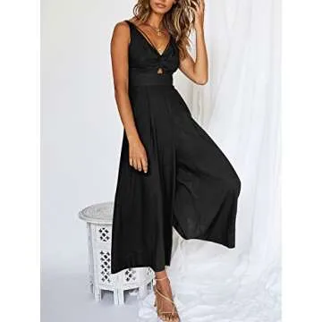 ANRABESS Women's Summer Wide Leg Linen Jumpsuits Dressy V Neck Sleeveless Casual Pants Rompers 2025 Vacation Beach Outfits Black Small