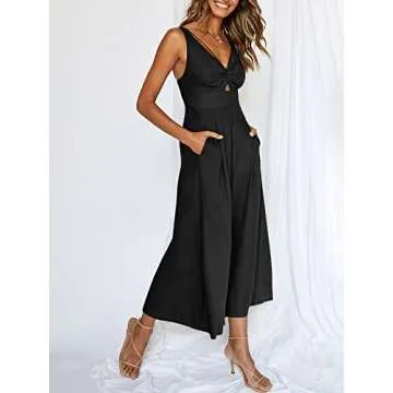 ANRABESS Women's Summer Wide Leg Linen Jumpsuits Dressy V Neck Sleeveless Casual Pants Rompers 2025 Vacation Beach Outfits Black Small