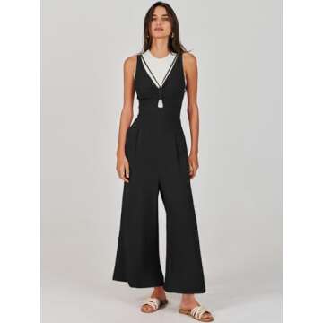 ANRABESS Women's Summer Wide Leg Linen Jumpsuits Dressy V Neck Sleeveless Casual Pants Rompers 2025 Vacation Beach Outfits Black Small