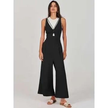 ANRABESS Women's Summer Wide Leg Linen Jumpsuits Dressy V Neck Sleeveless Casual Pants Rompers 2025 Vacation Beach Outfits Black Small
