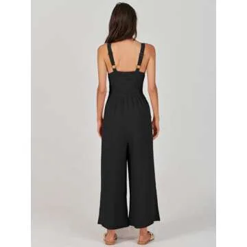 ANRABESS Women's Summer Wide Leg Linen Jumpsuits Dressy V Neck Sleeveless Casual Pants Rompers 2025 Vacation Beach Outfits Black Small