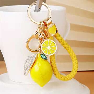 Ergugos Cute Lemon Keychain Little Lemon Crystal Rhinestone Key Chain Fruit Keyring For Purse Bag Ba...