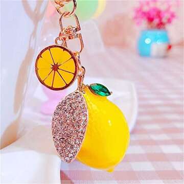 Ergugos Cute Lemon Keychain Little Lemon Crystal Rhinestone Key Chain Fruit Keyring For Purse Bag Backpack Car Jewelry Gift For Women Men
