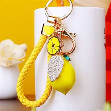 Ergugos Cute Lemon Keychain Little Lemon Crystal Rhinestone Key Chain Fruit Keyring For Purse Bag Backpack Car Jewelry Gift For Women Men