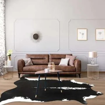 BENRON Large Cowhide Rug Black Cow Rug 5.3x6.2ft Animal Rug Faux Cow Print Rug Premimum Cow Skin Rug Modern Rugs for Living Room Bedroom Western Decor Leather Carpets