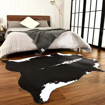 BENRON Large Cowhide Rug Black Cow Rug 5.3x6.2ft Animal Rug Faux Cow Print Rug Premimum Cow Skin Rug Modern Rugs for Living Room Bedroom Western Decor Leather Carpets