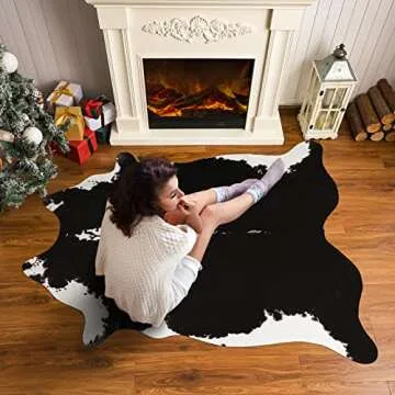 BENRON Large Cowhide Rug Black Cow Rug 5.3x6.2ft Animal Rug Faux Cow Print Rug Premimum Cow Skin Rug Modern Rugs for Living Room Bedroom Western Decor Leather Carpets