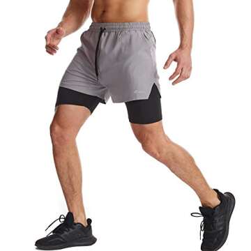 Surenow Mens 2 in 1 Running Shorts Quick Dry Athletic Shorts with Liner, Workout Shorts with Zip Pockets and Towel Loop Light Grey