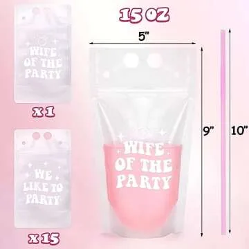 Nefelibata 16 Pcs Bachelorette Party Drink Pouches Wife of the Party We Like to Party 15 Oz Drink Pouches with Straws Bride and Bridesmaid Party Cups for Adults Wedding Gifts