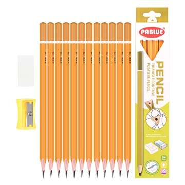 PABLUE HB Graphite Pencils, Triangular Concave Grip Pencils, Fat, Thick, Strong, with Eraser, Sharpener, Suitable for School, Student, Art, Beginner,Drawing,Sketching,Shading (Yellow, 144 Count)