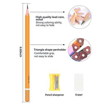 PABLUE HB Graphite Pencils, Triangular Concave Grip Pencils, Fat, Thick, Strong, with Eraser, Sharpener, Suitable for School, Student, Art, Beginner,Drawing,Sketching,Shading (Yellow, 144 Count)