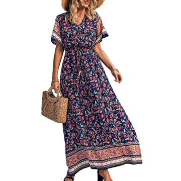 PRETTYGARDEN Women's Casual Summer Boho Floral Print Dress V Neck Short Sleeve High Waist Long Maxi ...