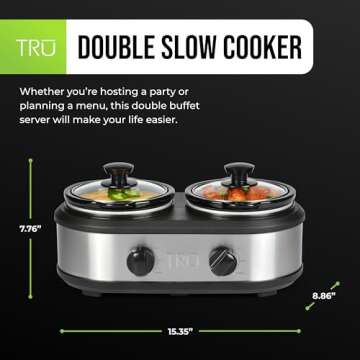 TRU Double Slow Cooker by Select Brands - Double Buffet Server for Parties, Holidays & Gatherings - ...