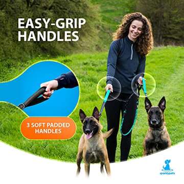 SparklyPets Double Dog Leash for 2 Dogs – Rope Bungee Dual Leash for Medium and Large Breeds with Padded Handles & Tangle Free (Teal, Medium/Large)