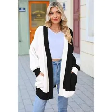 2024 Fall Casual Cardigan for Women Long Sleeve Open Front Ribbed Knit Oversized Cardigans Sweaters with Pockets Black/White S