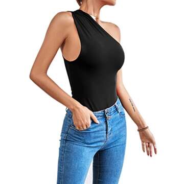 LYANER Women's Sexy One Shoulder Ruched Sleeveless Slim Fit Bodysuit Leotard Top Black Small