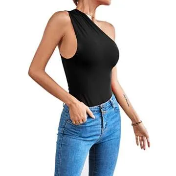 LYANER Women's Sexy One Shoulder Ruched Sleeveless Slim Fit Bodysuit Leotard Top Black Small
