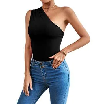 LYANER Women's Sexy One Shoulder Ruched Sleeveless Slim Fit Bodysuit Leotard Top Black Small