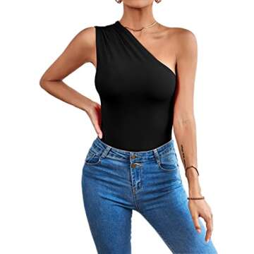 LYANER Women's Sexy One Shoulder Ruched Sleeveless Slim Fit Bodysuit Leotard Top Black Small
