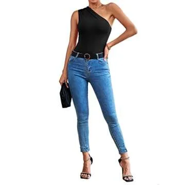 LYANER Women's Sexy One Shoulder Ruched Sleeveless Slim Fit Bodysuit Leotard Top Black Small